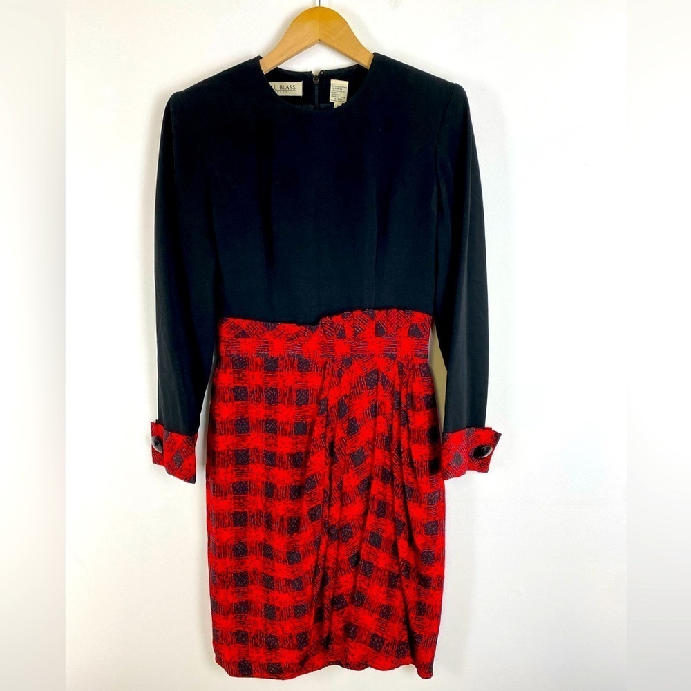 Bill Blass Printed Knee-Length Dress, Size 8, Red and Black Plaid Silk Dress